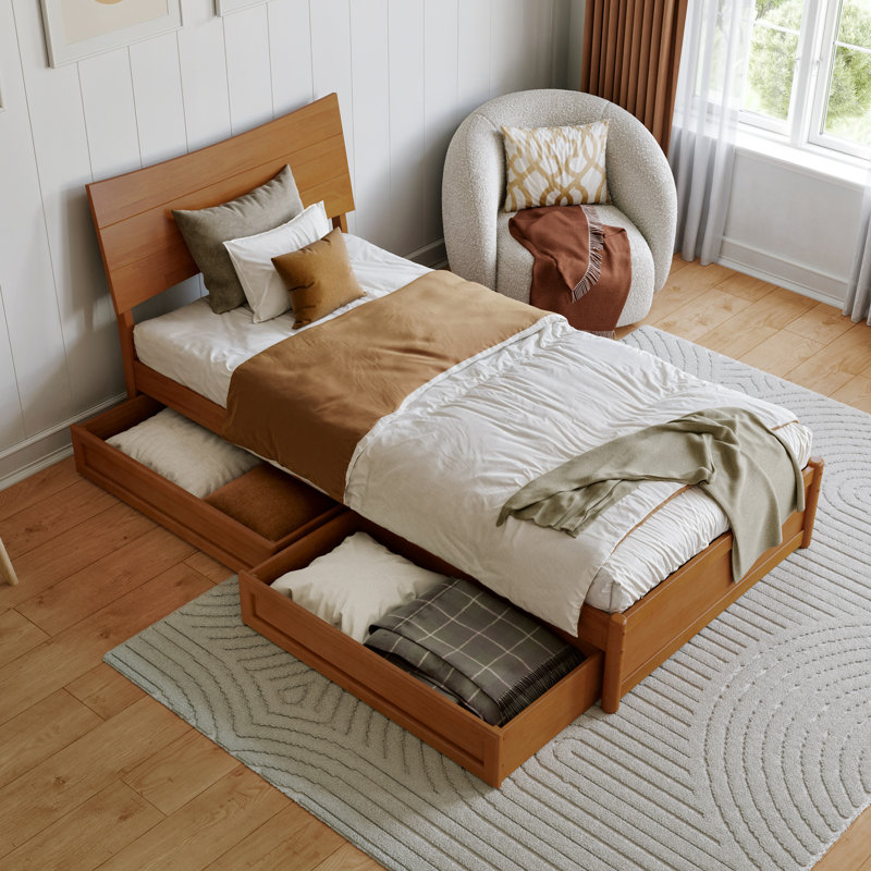 Harlowe Wood Platform Bed with Storage Drawers, Très grand simple, Light Toffee