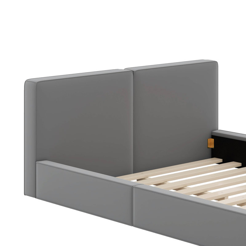 Grand lit plateforme tapissier avec tissu en velours, Gris