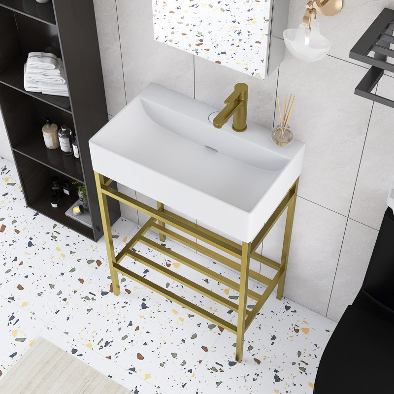Meuble-lavabo 24 po avec lavabo en céramique, Blanc, Doré