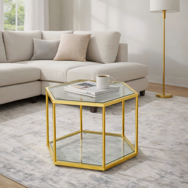 Table basse moderne en verre trempé à 2 niveaux avec rangement et structure en acier inoxydable
