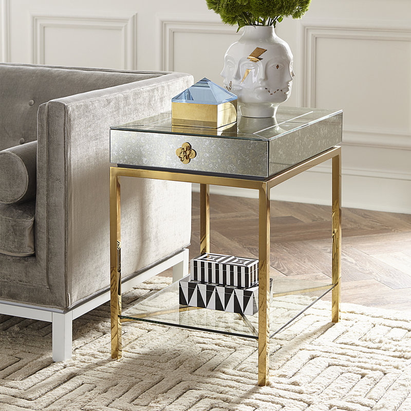 Delphine Quatrefoil Mirrored Side Table with Storage