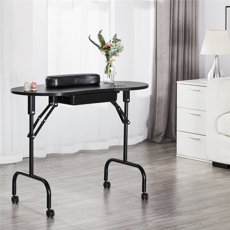 Table de manucure pliante avec roues verrouillables et sac, Noir