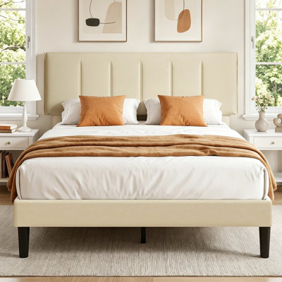 Double Size Platform Bed Frame With Adjustable Upholstered Headboard, Wooden Slats Support, No Box Spring Needed, Easy to Assembly