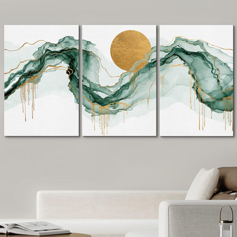 Or soleil soleil vert pastel fumée nuage vague illustrations abstraites art moderne paysage rustique, Toile tendue