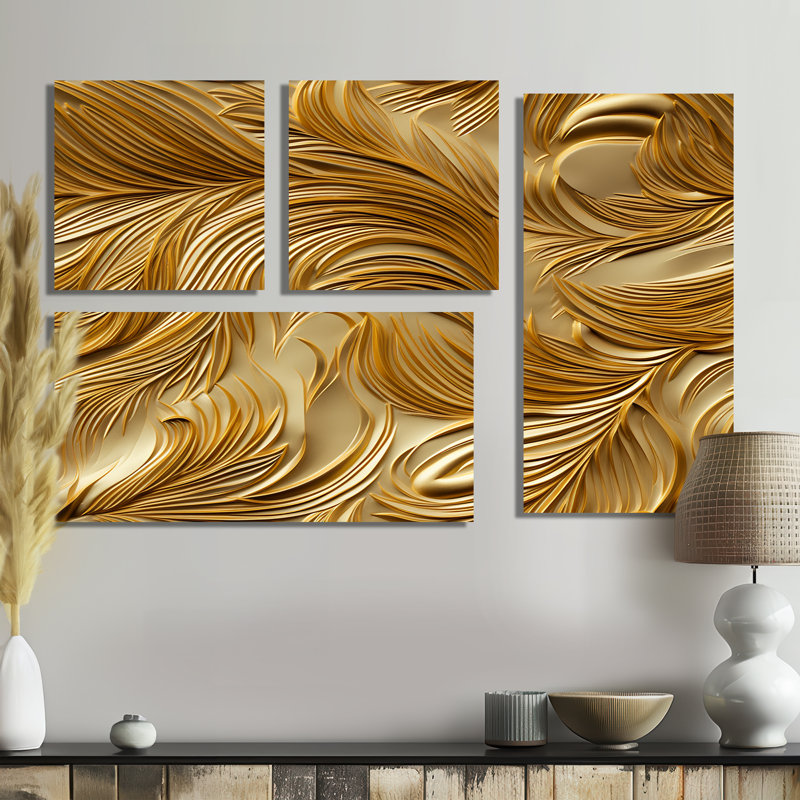 Golden Feathers Serenity IV - grandes plumes, impressions sur toile 4 pièces, Toile tendue, Ne s’applique pas