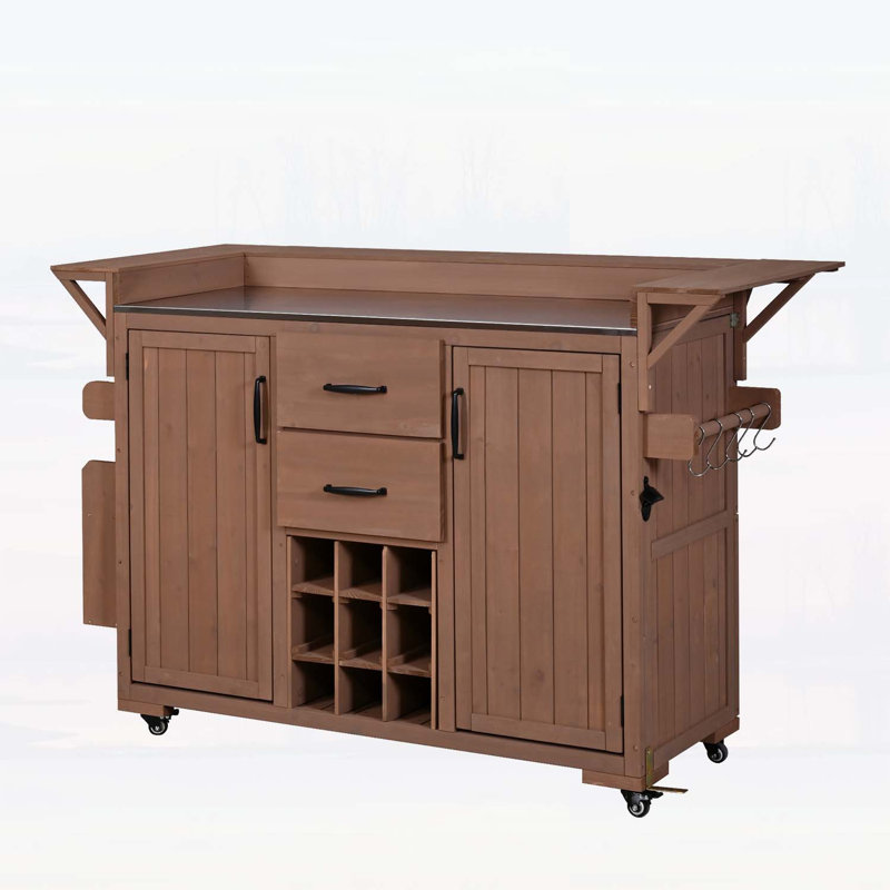 Durable Kitchen Island with Wheels,Stainless Steel Top,and Multiple Storage Options for BBQ and Grilling, Brown