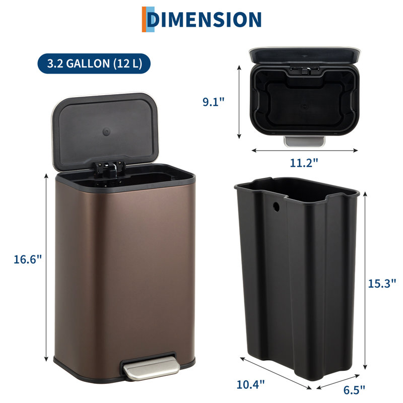 Poubelle de cuisine de 3,2 gallons (12 L), poubelle en acier inoxydable avec poubelle intérieure, poubelle avec couvercle à fermeture en douceur, poubelle rectangulaire pour salle de bain, cuisine, salon, brun