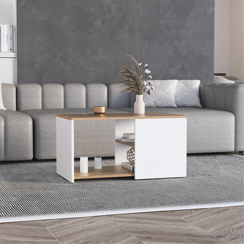 Table basse compacte avec espace de rangement - 31,54 po x 17,3 po, chêne rectangulaire blanc large, style contemporain