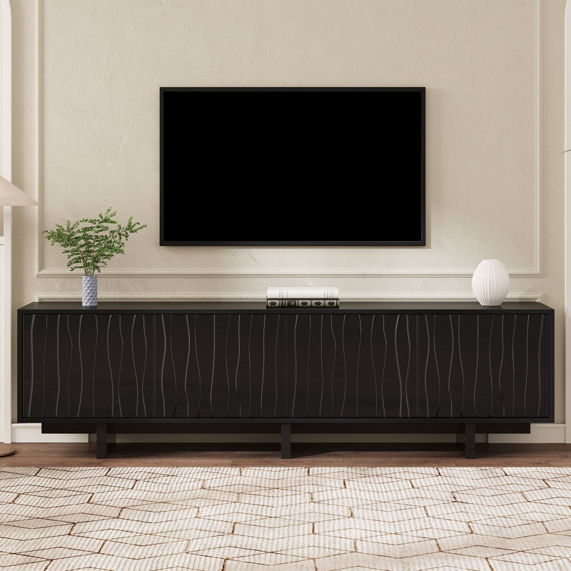Console média noire avec motifs de grain de bois naturel et conception ondulée, pour téléviseurs de 75 po ou moins, porte de rangement pour câbles