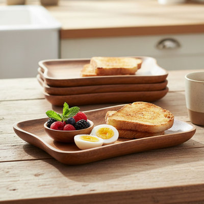 Plateau de service en bois d'acacia pincé - ensemble de 4