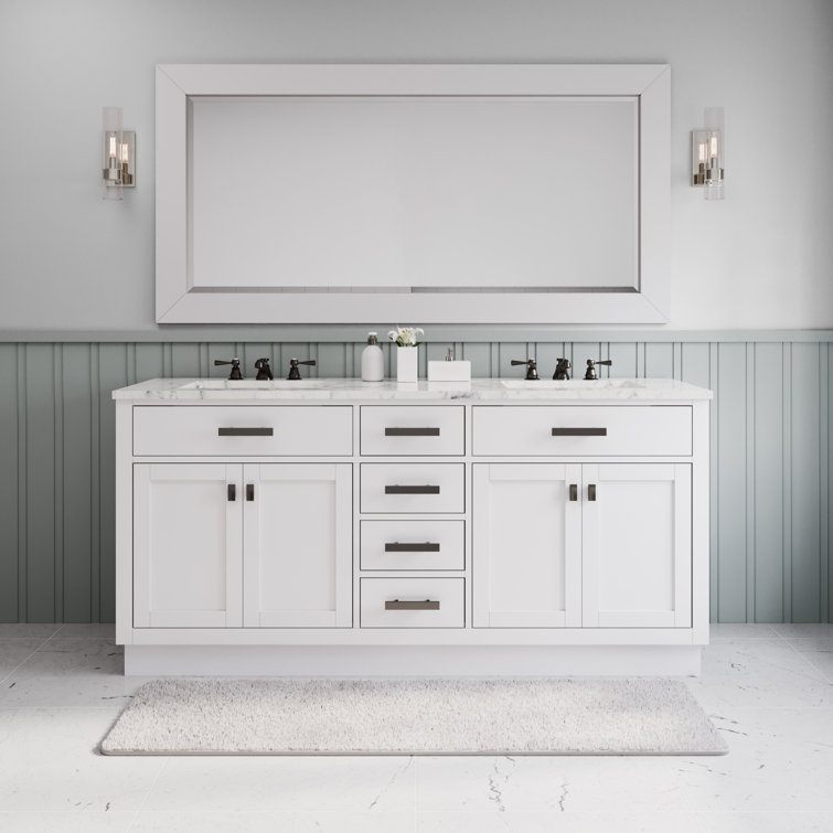 Hartford 72" Carrara White Marble Countertop Bath Vanity in Pure White with Faucet and Mirror