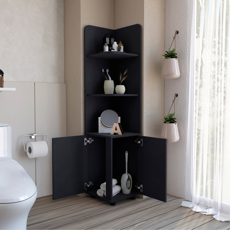 62" Tall Double Door Corner Linen Cabinet with Four Shelves Black