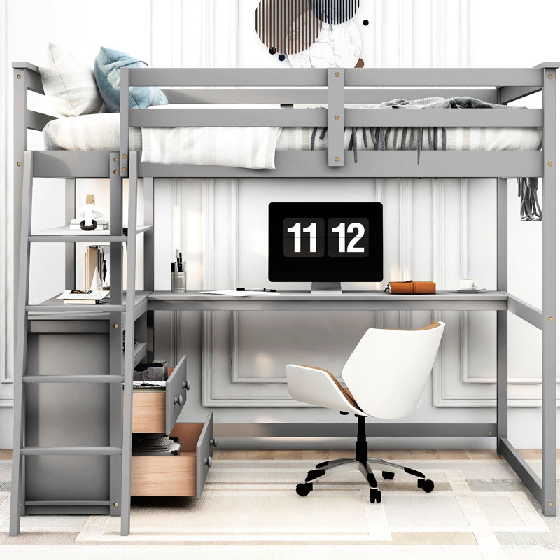 Lit mezzanine double avec bureau, tablettes et cadre gris - Construction en bois de pin pour une chambre à coucher fascinante