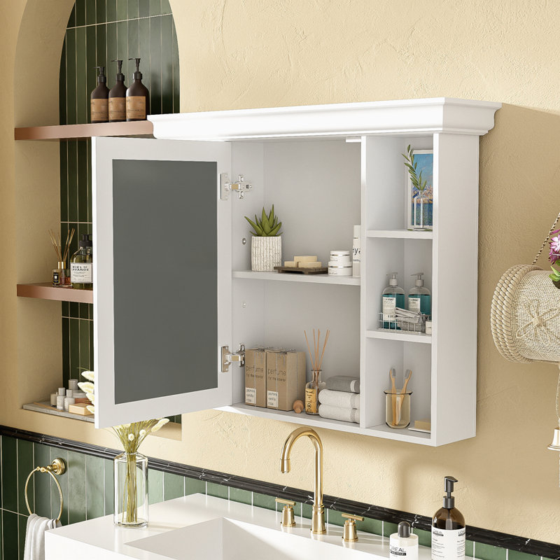 Armoire de rangement murale 35 po x 28 po avec porte miroir, armoire de salle de bain moderne avec miroir, armoire à pharmacie avec 6 tablettes ouvertes