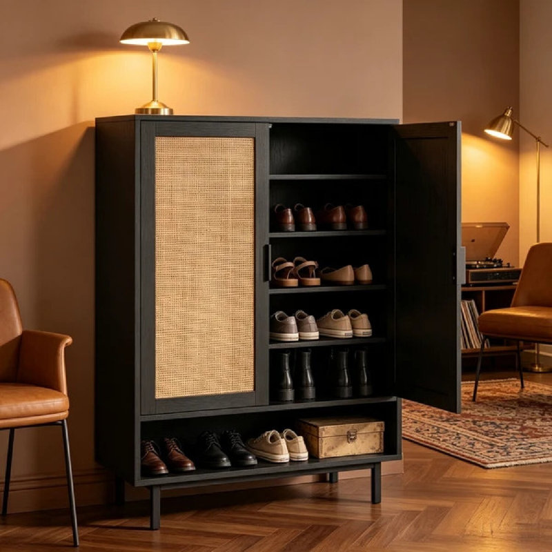 Armoire haute noire à 6 niveaux avec portes doubles, rangement pour chaussures d'entrée en rotin avec tablettes réglables, compartiment ouvert et ensembles anti-basculement pour le salon de la chambre à coucher