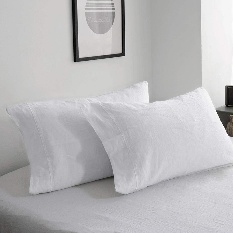 Ensemble de taie d'oreiller 100% lin français avec 2 taies d'oreiller de couleur unie délavées, Blanc