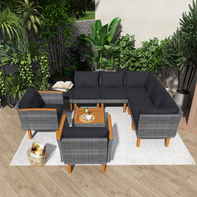 86.61‘’Ratta  Outdoor Patio Sofa With  Coffee Table, Washable Cushion