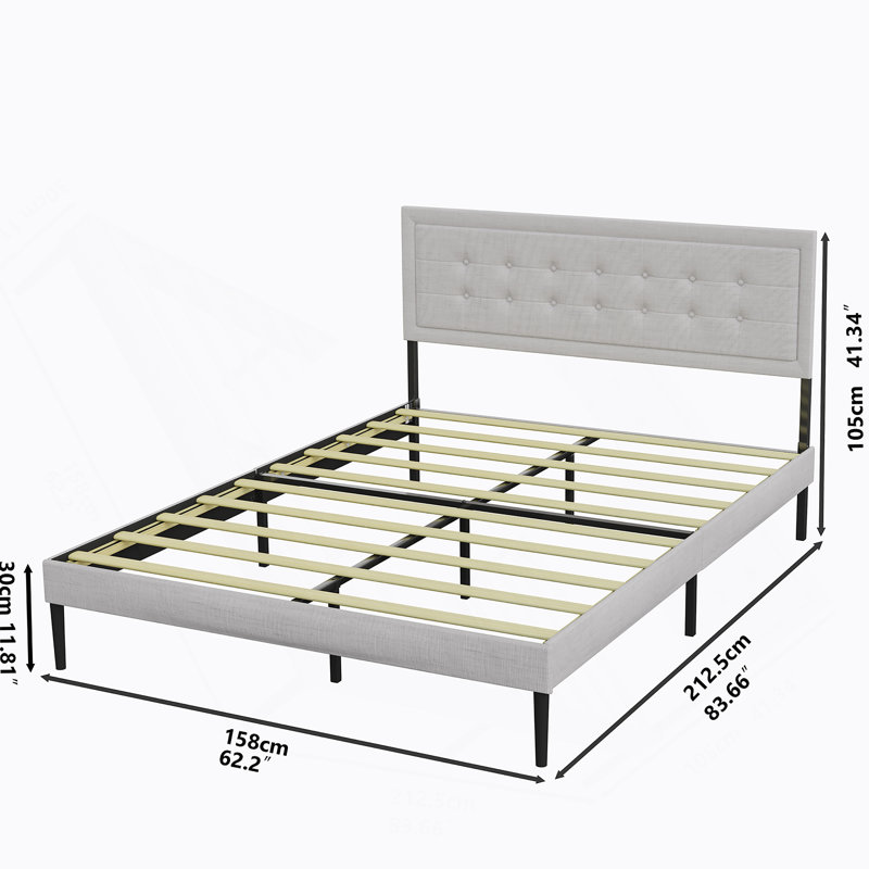 Iron Platform Bed Frame with Wooden slats support & Upholstered  Headboard (Queen Size) - Grey