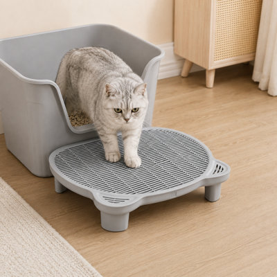 Cat Head Shape Double Layer Litter Trapping Mat – 20.1" x 16" Litter Box Step with 3.54" / 5.9" Adjustable Height, Removable Tray & Non-Slip Feet, Washable & Durable (Grey)