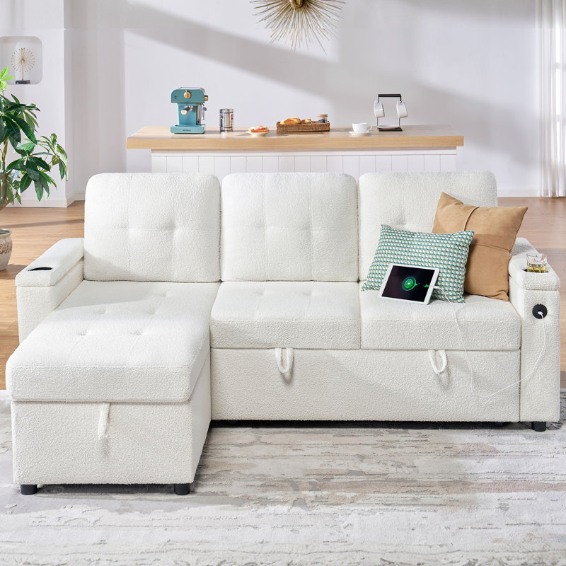 Canapé-lit coulissant en forme de L 84 po avec méridienne de rangement, ports de chargement USB et porte-gobelets, boucle blanche