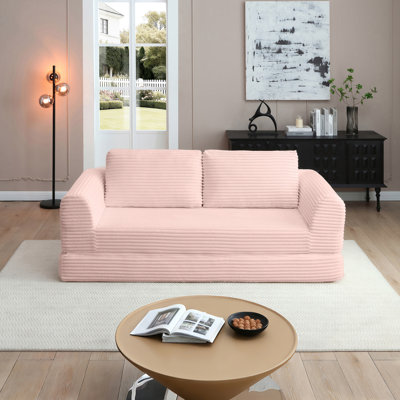 21 Convertible Pink Futon Bed With 2 Pillows, Modern Corduroy Sleeper Couch For Living Space, Soft Breathable Fabric, Design, Fully Assembled Folding Room, High Foam, Non-slip Base, No Assembly