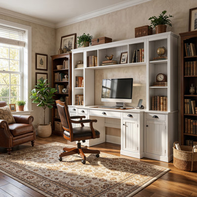 Bureau mural de 88,5 po de largeur avec bibliothèque à huche, tiroirs, armoires et tablettes de rangement ouvertes