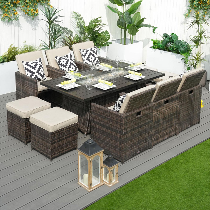Rectangular 6 - Person 70.87'' Long Fire Pit Table Dining Set With Cushions, Brown