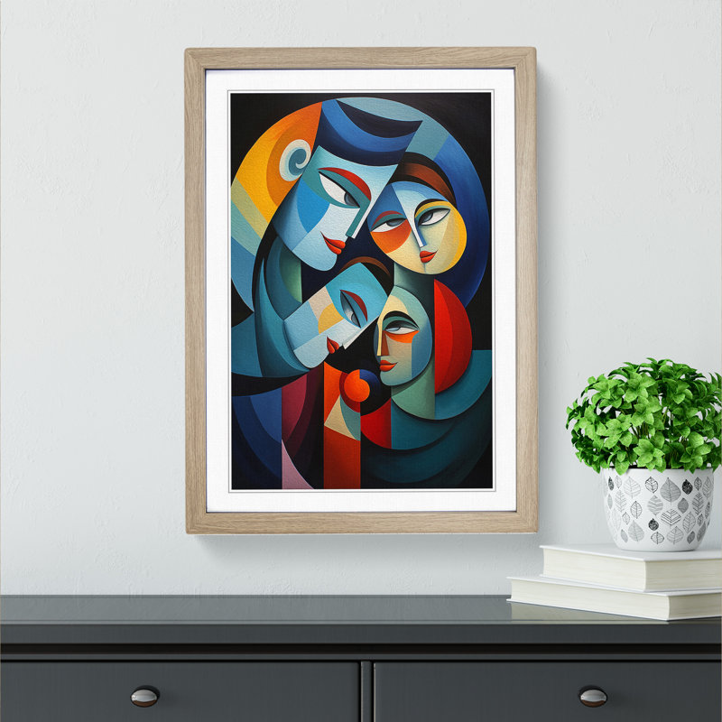 XYZ-FRM-V1223-4409 Loving Family Cubism No.2 - Single Picture Frame Print on Wood, Oak , 64cm H x 46cm W x 2cm D