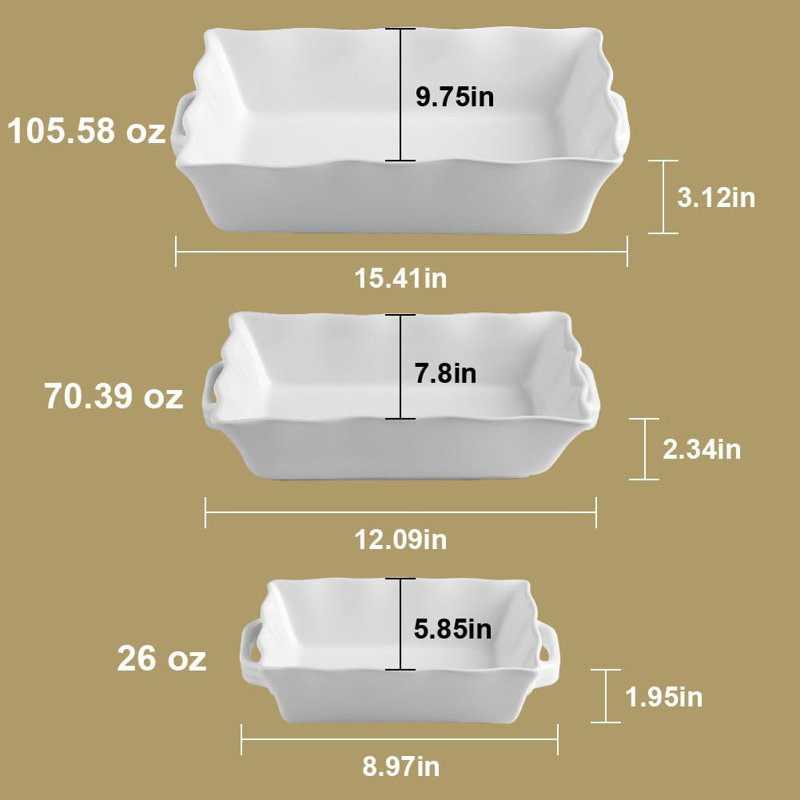 Ensemble de 3 plats de cuisson en céramique, plat de cuisson rectangulaire avec poignées, moule à Lasagne Wave Edge profond