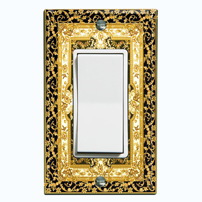 Metal Light Switch Plate Outlet Cover (Elegant Flower White Frame Rug Black Paint - Single Toggle)