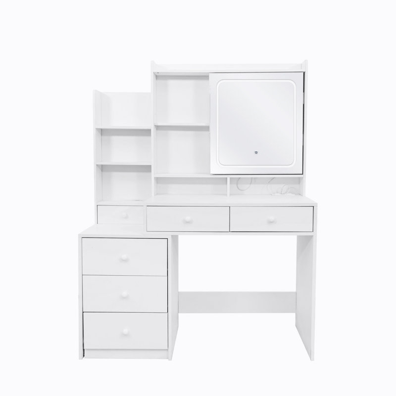 Bureau de maquillage avec 6 tiroirs, miroir coulissant et tablettes de rangement, 3 modes d'éclairage