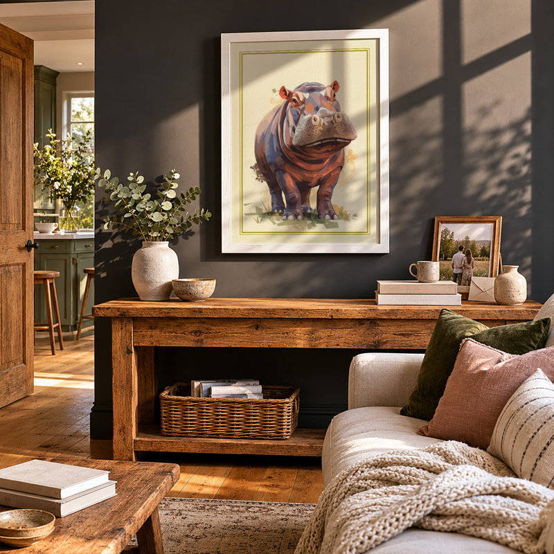 Gentle Hippopotamus Boho - Framed Print, A4 - 29.7 x 21.0 cm, White