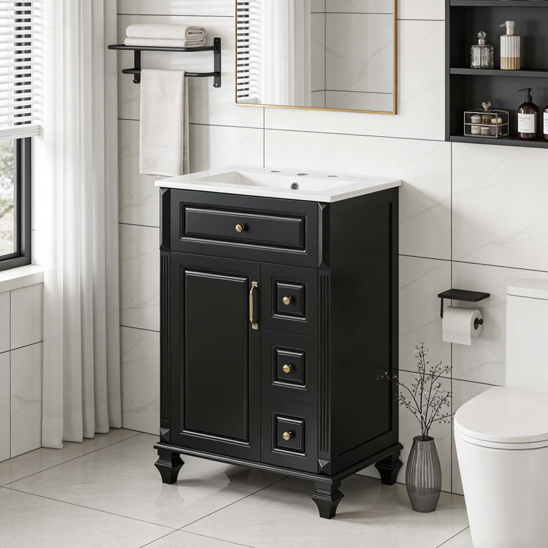 Meuble-lavabo autoportant avec lavabo en céramique, Noir