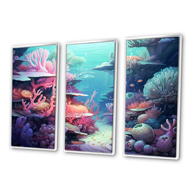 Ensemble de décorations murales turquoise et rose sous l'eau, H 40 po x l 60 po x P 1 po, Cadre flottant blanc