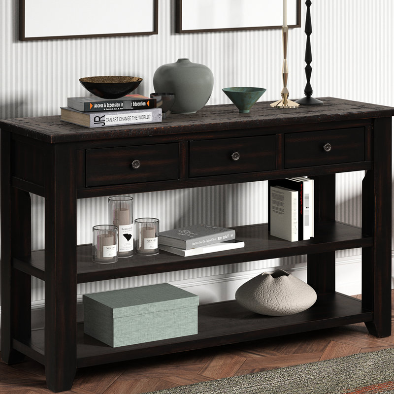 Console moderne de 48 po en bois de pin massif avec 3 tiroirs et 2 tablettes, noir vieilli pour meubles de salon de style classique