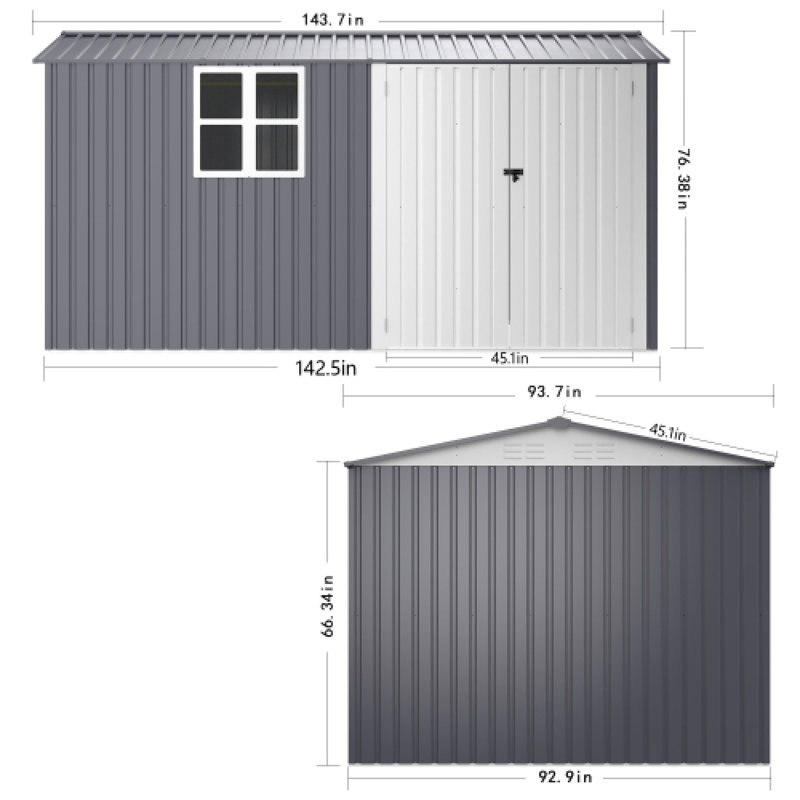 Remise de rangement durable en acier 8 x 12 avec portes doubles et fenêtres