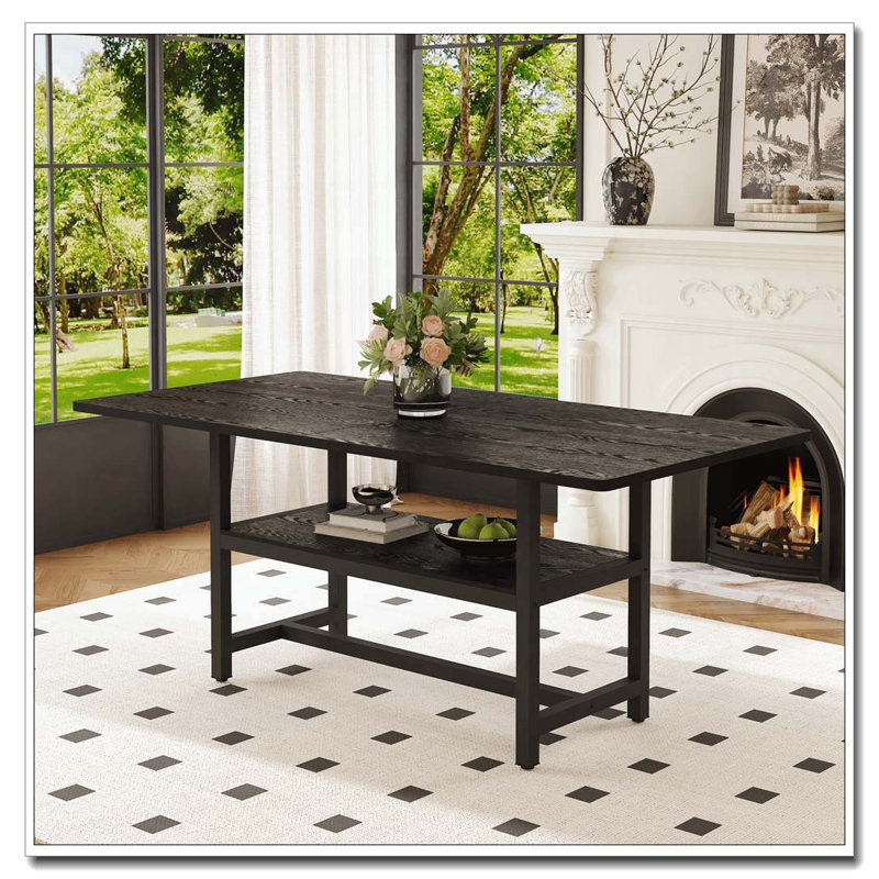 71"Long Dining Table With Shelf Storage, Black