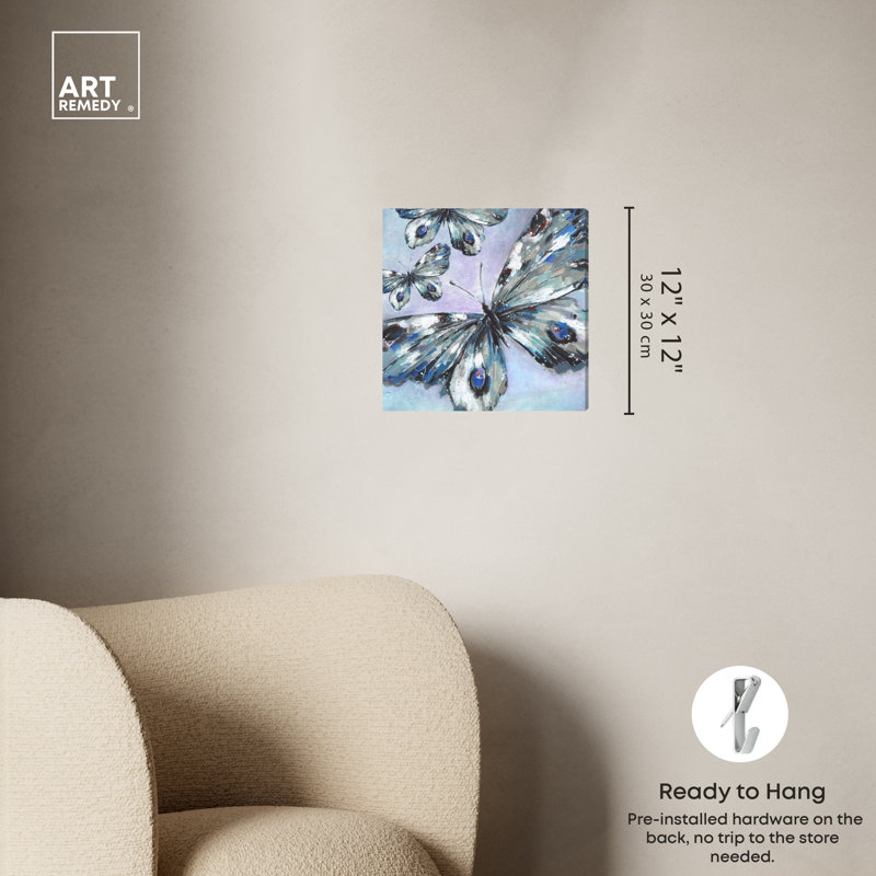 Blue and Gray Butterfly Trio Wrapped Canvas Wall Art, 12" x 12"