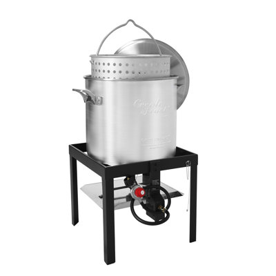 Creole Feast Seafood Boiling Kit with Strainer, Outdoor Aluminum Propane Gas Boiler with 10 Psi Regulator, 100,000 BTU Jet Burner, Black&sliver