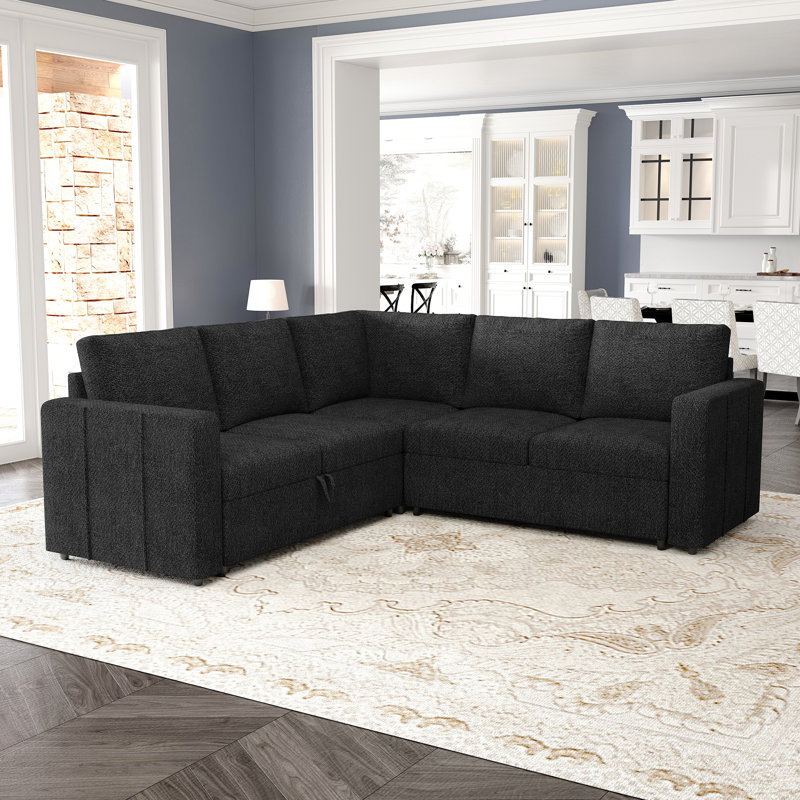 Aubade Storage L-Shaped Modular Sofa Set With Pull-Out Sofa Bed, Dark Gray Chenille