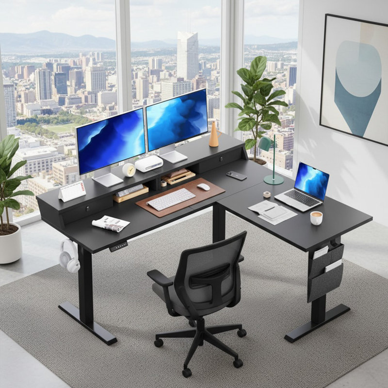63” L-Shaped Electric Standing Desk, Ergonomic Corner Height Adjustable Desk with Drawers, Sit-Stand Computer Table with Storage for Home & Office