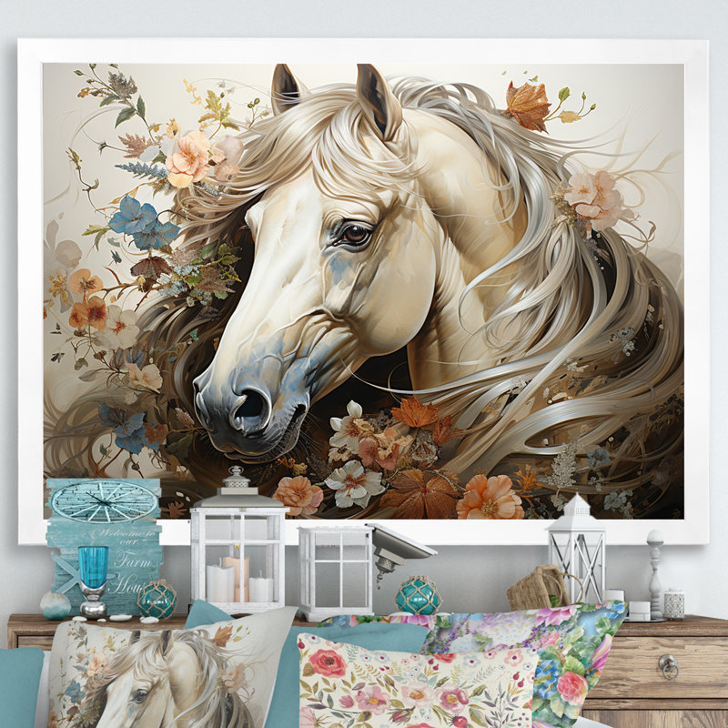 «Blooming Horse symbolism I» - art mural cheval, H 24 po x l 32 po x P 1 po, Cadre simple blanc