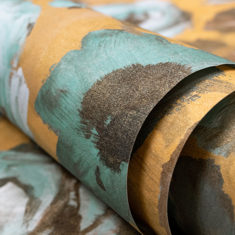 Julie Feels Home Collection Glitter/Shimmer Large Paeonia Flowers Wallpaper Roll, Teal/Gold
