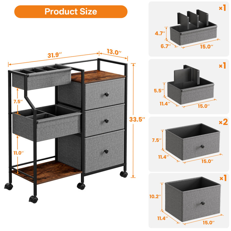 Baby Diaper Caddy Organizer and Storage - 3 Tier Rolling Cart with Dividers and Drawers, 13"D x 31.89"W x 33.5"H