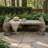 Twin Bears Rustic Woodland Cast Stone Outdoor Garden Bench