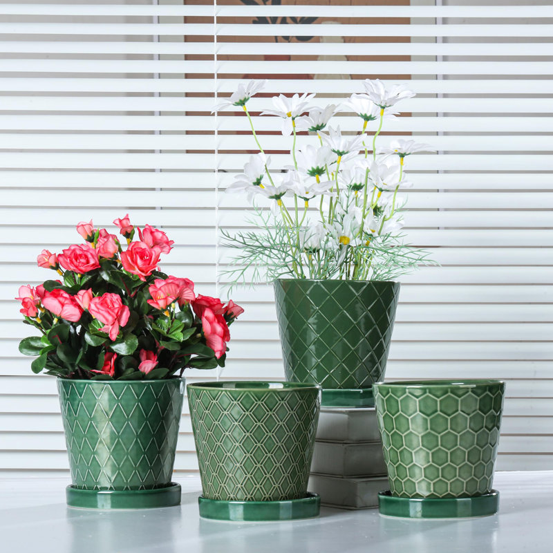 5 inch Ceramic Flower Pot with Tray Set of 4, Patina