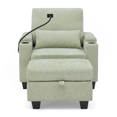 Single Sofa Recliner With Manually Adjustable Backrest, USB Charging Port On The Armrest Side, Phone Stand Included, Hidden Armrest Storage, And A Matching Storage Ottoman-Cyan