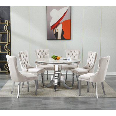 44.88" Round Dining Table Set for , Kitchen Table with Faux Marble Top, Dining Room Table & Velvet Chairs with Stainless Steel Pedestal, Piece Dining Table Set