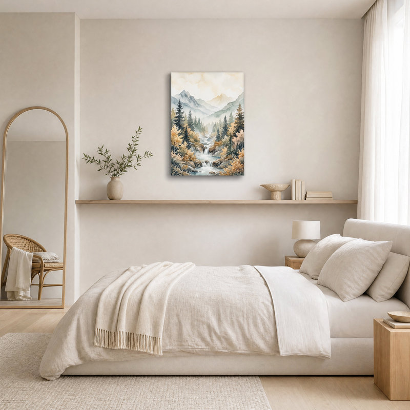 «Misty Mountain Waterfall in Autumn Forest», art mural sur toile, H 18 po x l 12 po