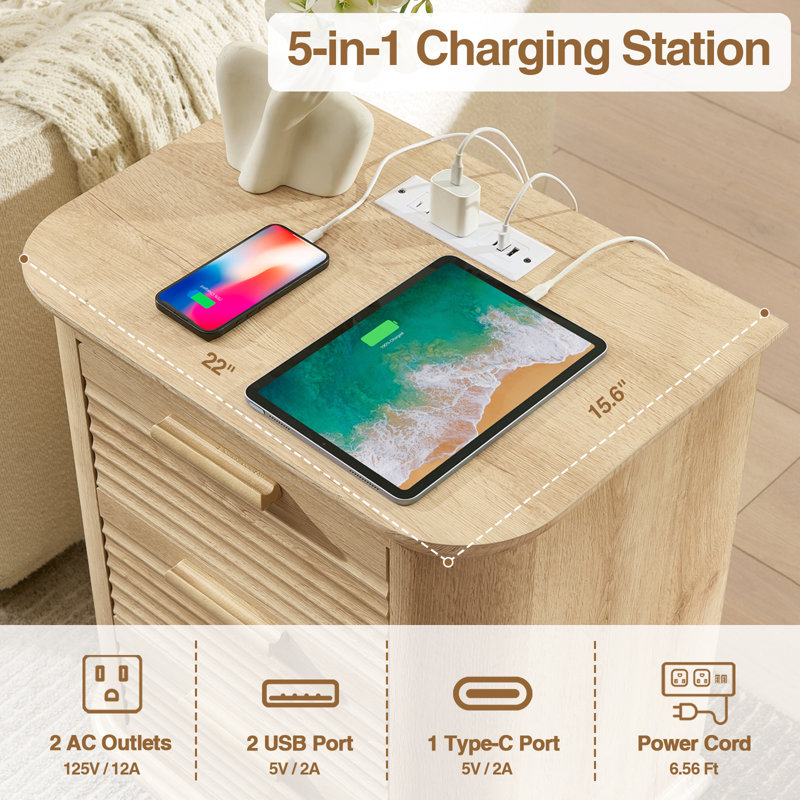 22" Large Tabletop Round Corner Nightstand with Charging Station Fluted Design with 3 Drawers, Natural